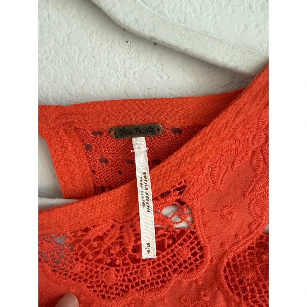 Free People Women's Flare Bell Sleeve Knit Crochet Eyelet Orange Red Size S Boho
